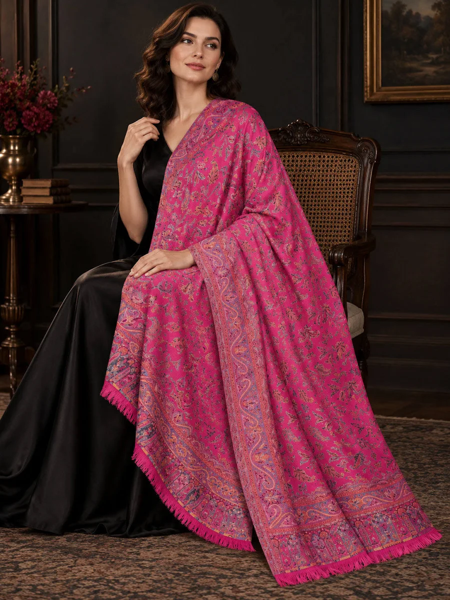 Rani Pink Kashmiri Jamawar Shawl with Pastel Floral Paisley Weave