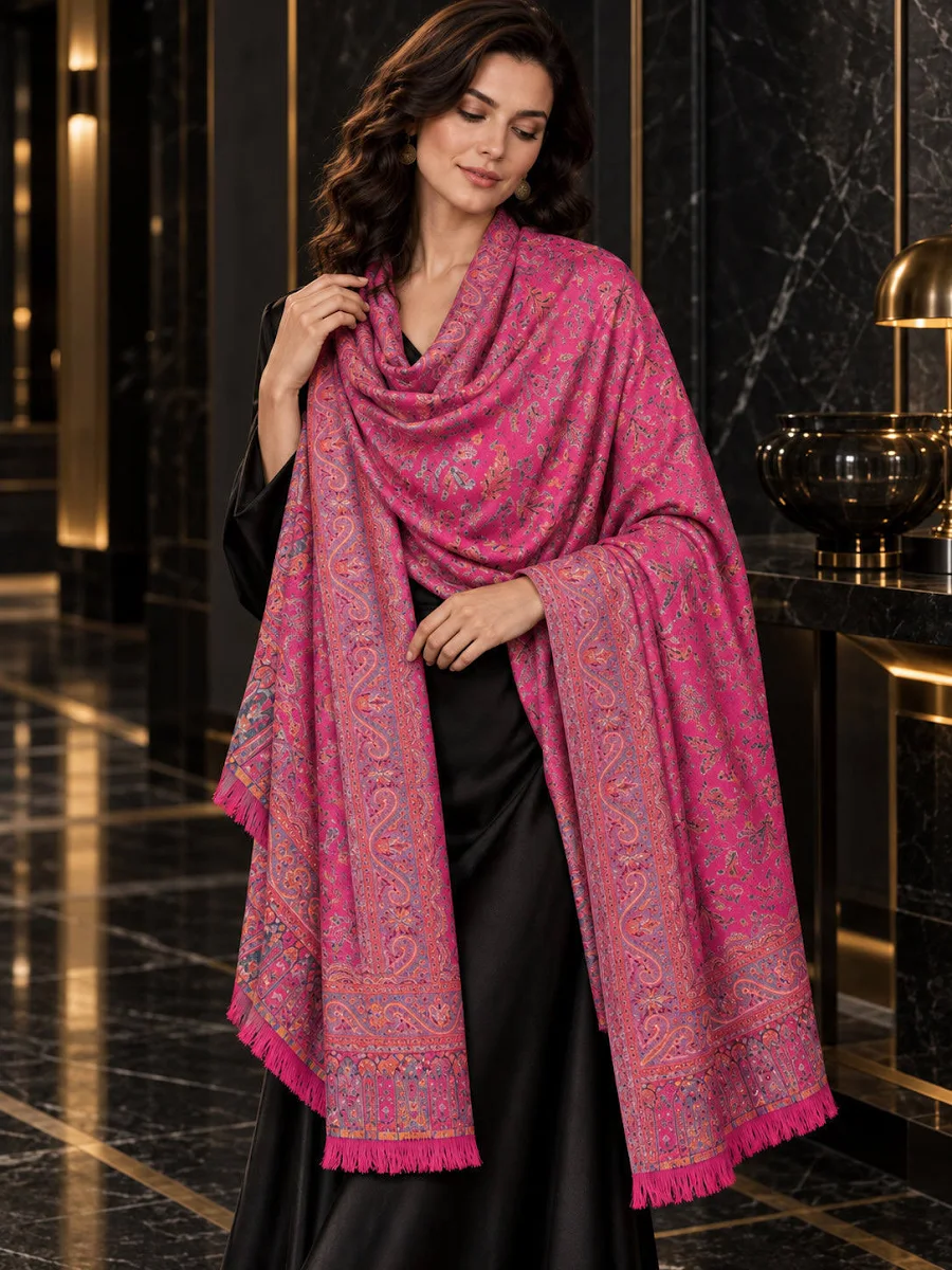 Rani Pink Kashmiri Jamawar Shawl with Pastel Floral Paisley Weave - Image 3