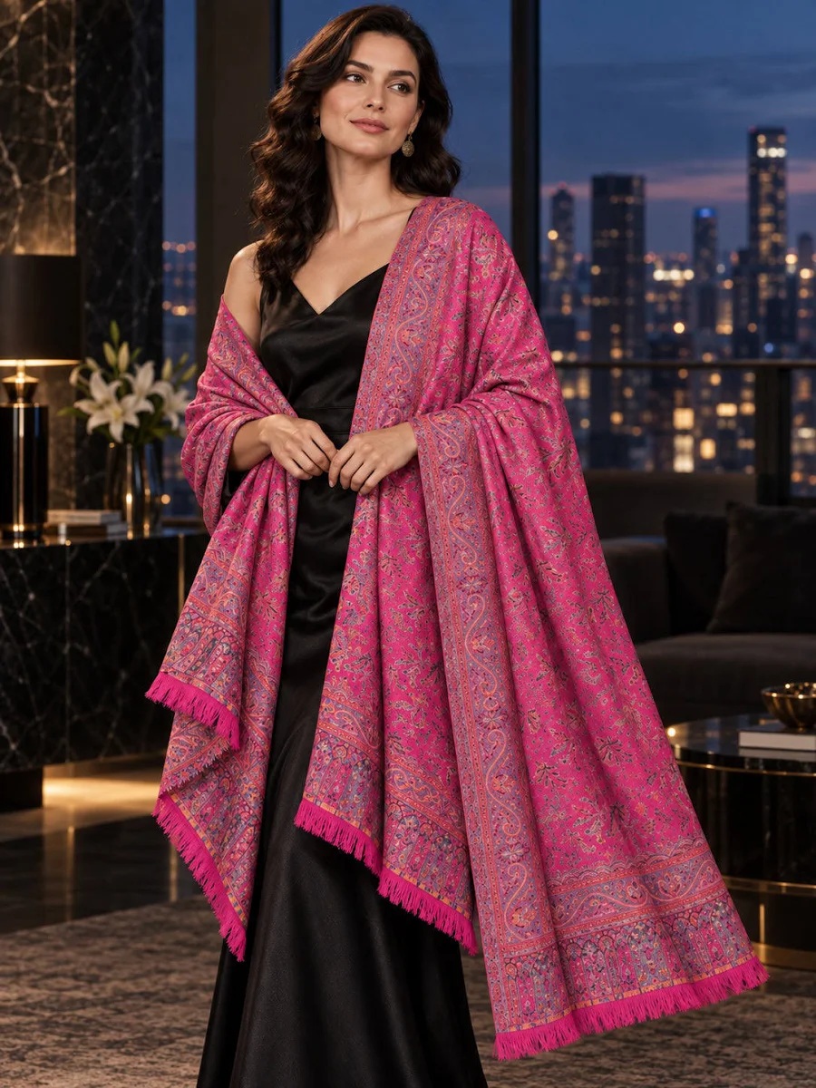 Rani Pink Kashmiri Jamawar Shawl with Pastel Floral Paisley Weave - Image 2