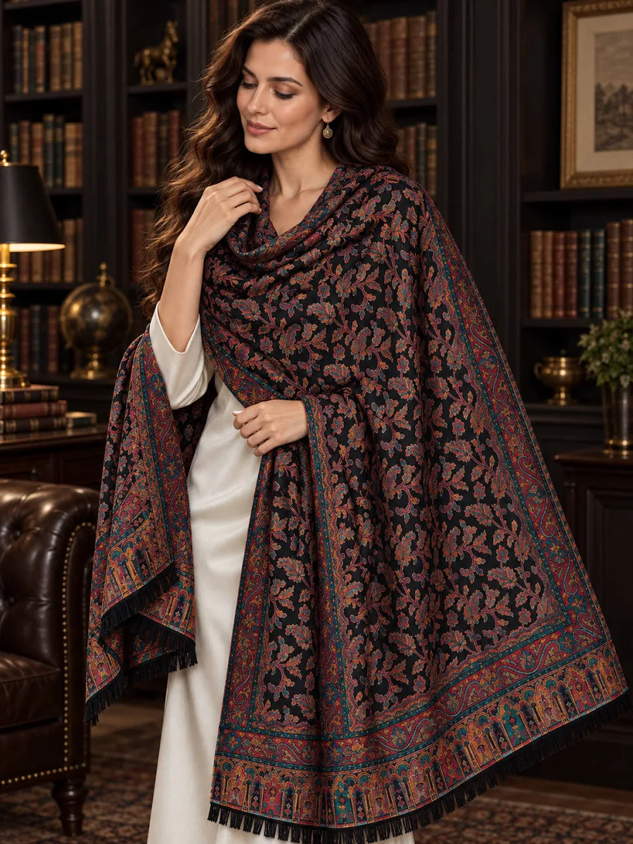 Midnight Black Kashmiri Jamawar Shawl - Image 2