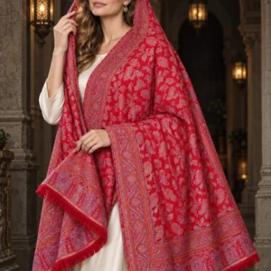 Crimson Red Kashmiri Jamawar Shawl with Intricate Paisley Jaal Weave